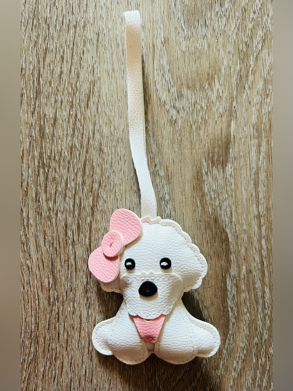 White & Pink Bichon Frisé Dog Vegan Leather Bag Charm - Picture 1 of 1